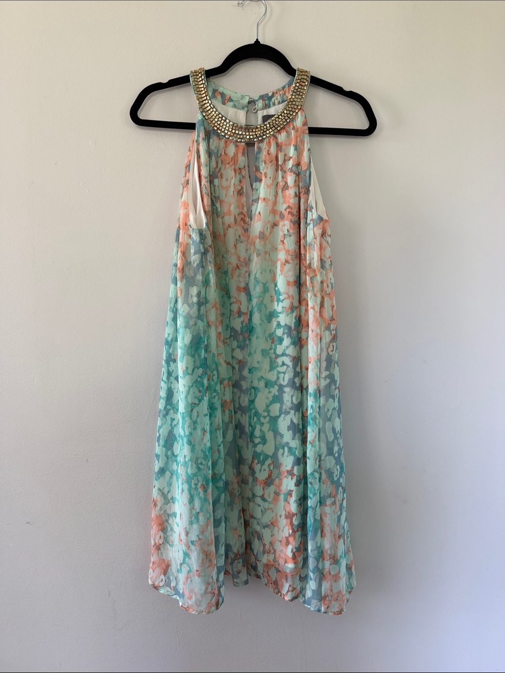 Vince Camuto | Floral Dress in Mint and Coral with Beaded Neckline